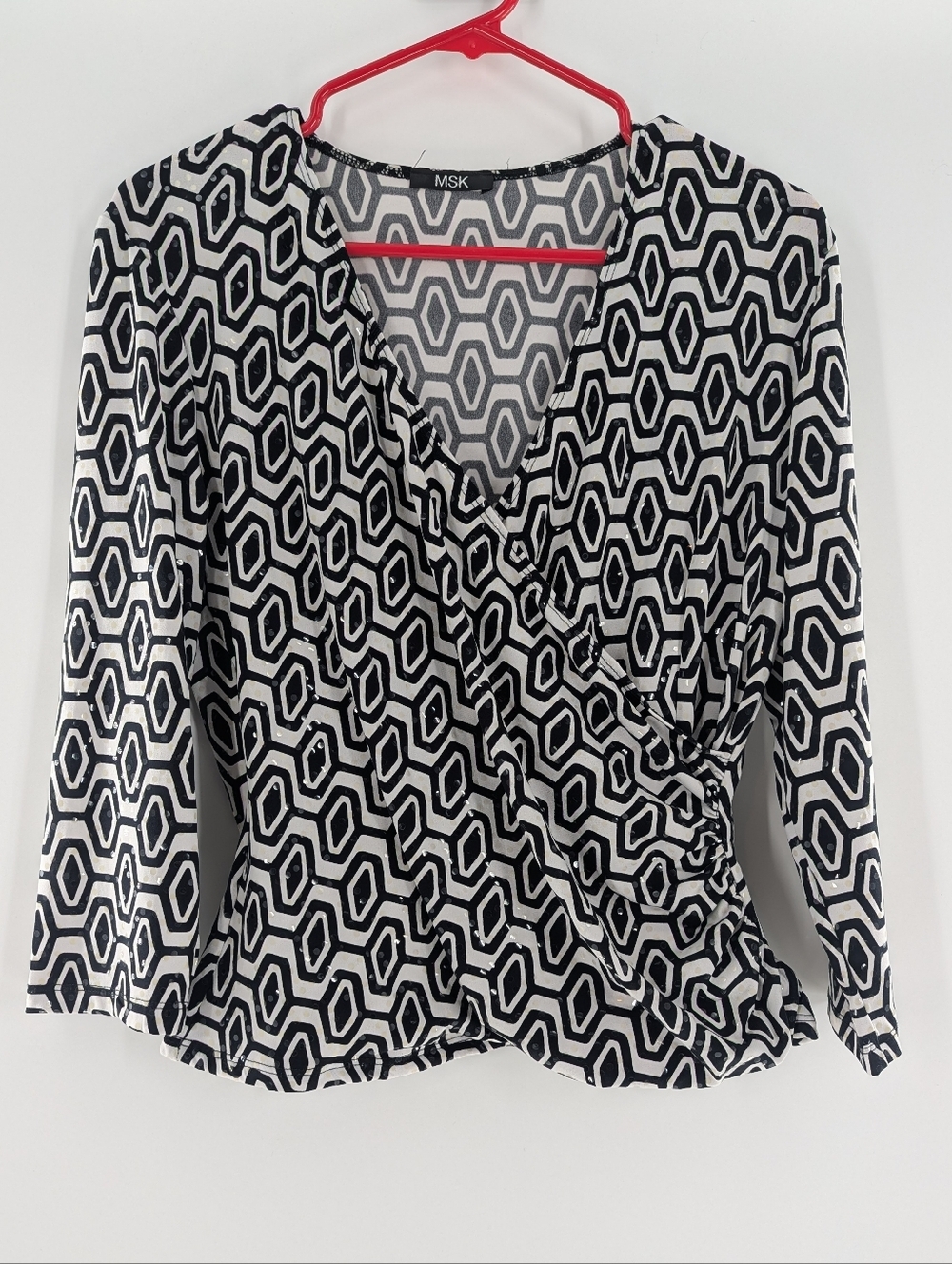 MSK Black & White Geometric Wrap-Front Blouse Ruched Medium Black White Shiny